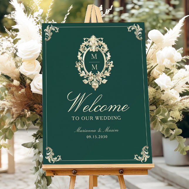 Emerald Green Gold Baroque Monogram Wedding Welcom Foam Board (Creator Uploaded)