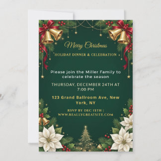 Emerald Green Gold Bells Christmas Party Invite