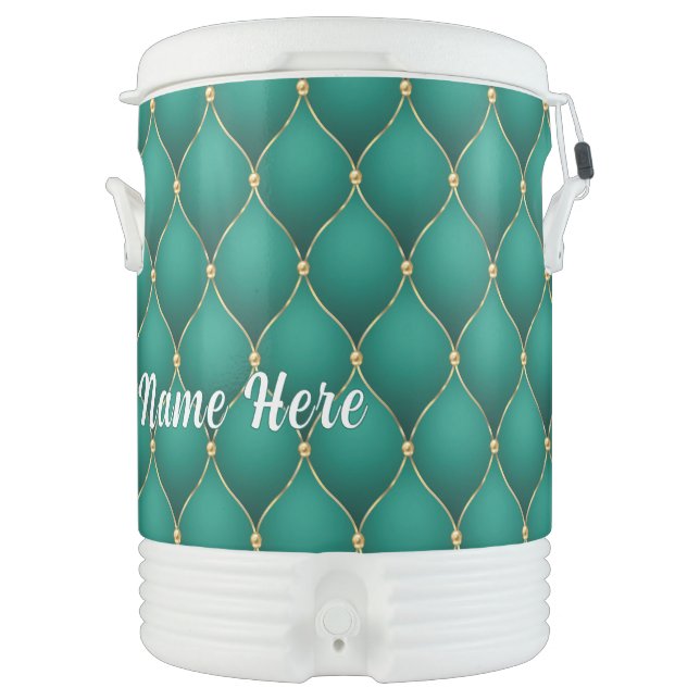 Emerald Green Gold Beverage Cooler and Custom Text (Front)