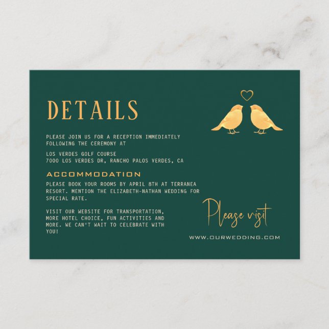 Emerald Green & Gold Birds Flowers Wedding Details Enclosure Card (Front)