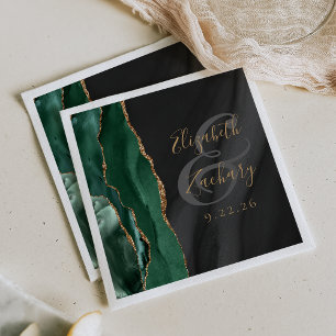 Emerald Green Gold Black Agate Script Wedding Napkins