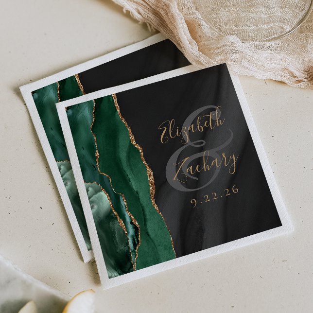 Emerald Green Gold Black Agate Script Wedding Napkins (Creator Uploaded)