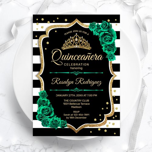 Emerald Green Gold Black Elegant Quinceanera Invitation