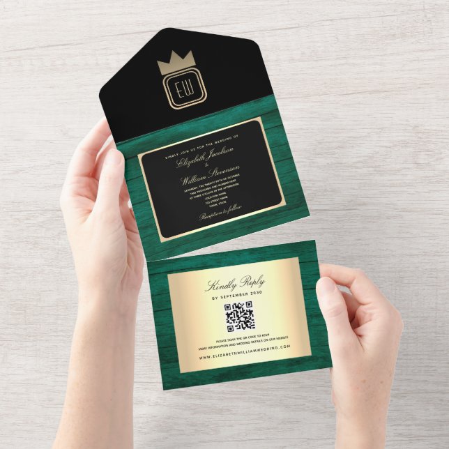 Emerald Green Gold Black Monogram Wedding Invite (Tearaway)