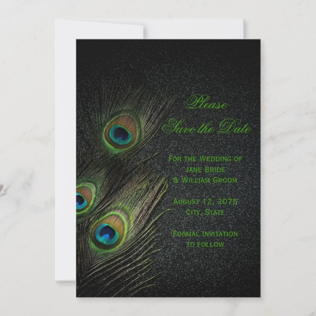 Emerald Green Gold Black Peacock Save the Date (Front)