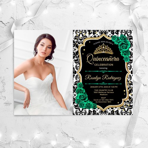 Emerald Green Gold Black Quinceanera Photo Invitation