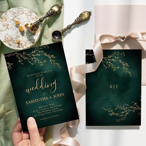 Emerald Green  Gold Botanical Elegant Wedding Invitation