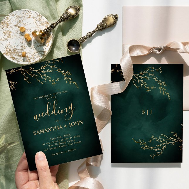 Emerald Green & Gold Botanical Elegant Wedding Invitation (Creator Uploaded)