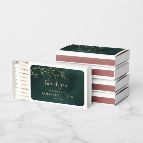 Emerald Green  Gold Botanical Elegant Wedding Matchboxes