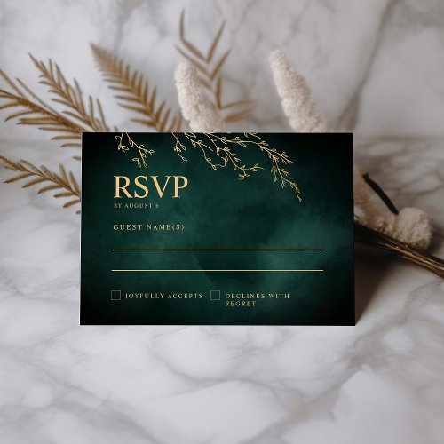 Emerald Green  Gold Botanical Elegant Wedding RSVP Card