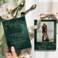 Emerald Green & Gold Botanical Engagement Party Invitation