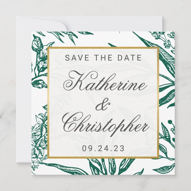 Emerald Green Gold Botanical Photo Save the Date (Front)