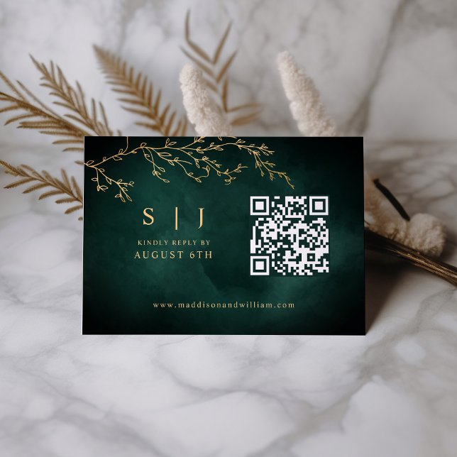 Emerald Green & Gold Botanical QR Code Wedding RSVP Card (Creator Uploaded)