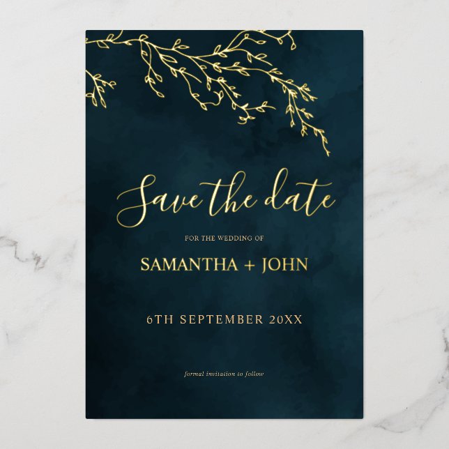 Emerald Green & Gold Botanical Save the Date Foil Invitation (Front)