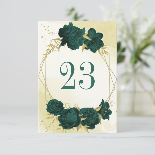 Emerald green gold botanical table number (Standing Front)