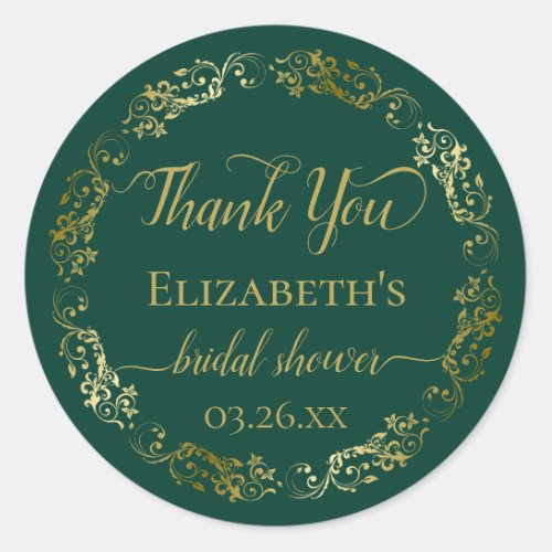 Emerald Green  Gold Bridal Shower Thank You Small Classic Round Sticker