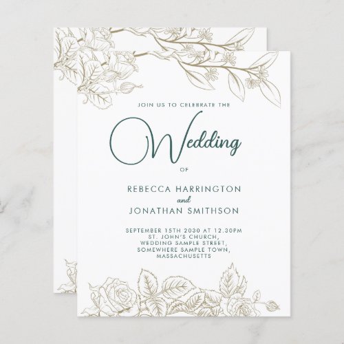 Emerald Green Gold Budget Wedding Invitation