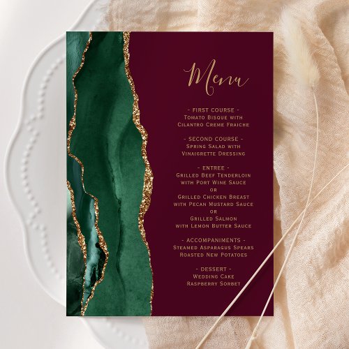 Emerald Green Gold Burgundy Red Wedding Menu