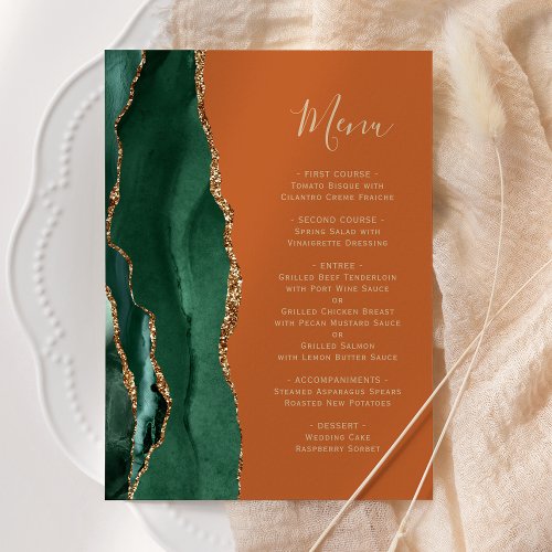 Emerald Green Gold Burnt Orange Wedding Menu