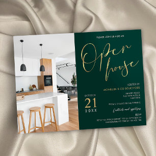 Emerald Green & Gold Business Open House One Photo Invitation