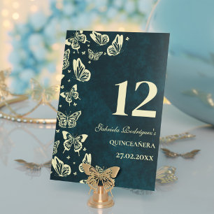 Emerald Green Gold Butterflies Quinceañera Seating Table Number
