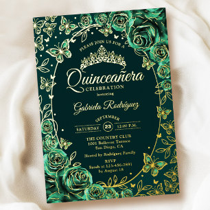 Emerald Green Gold Butterflies Roses Quinceanera Foil Invitation