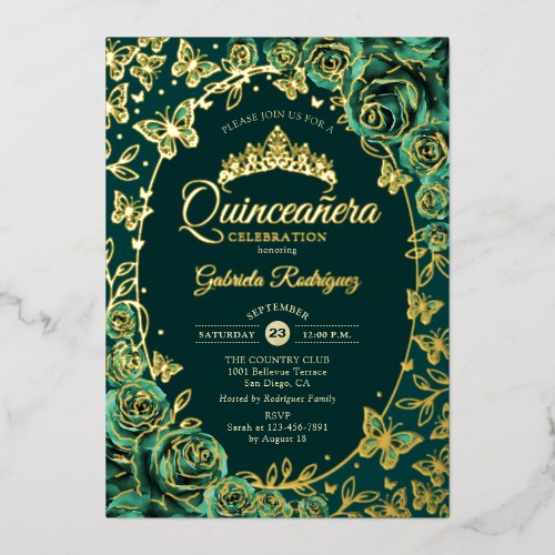 Emerald Green Gold Butterflies Roses Quinceanera Foil Invitation