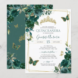 Emerald Green & Gold Butterfly Floral Quinceanera Invitation