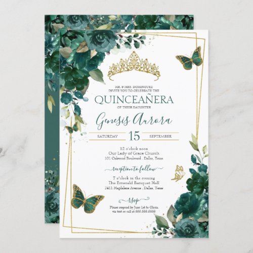 Emerald Green  Gold Butterfly Floral Quinceanera Invitation