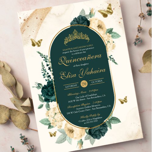 Emerald Green Gold Butterfly Floral Quinceaera Invitation