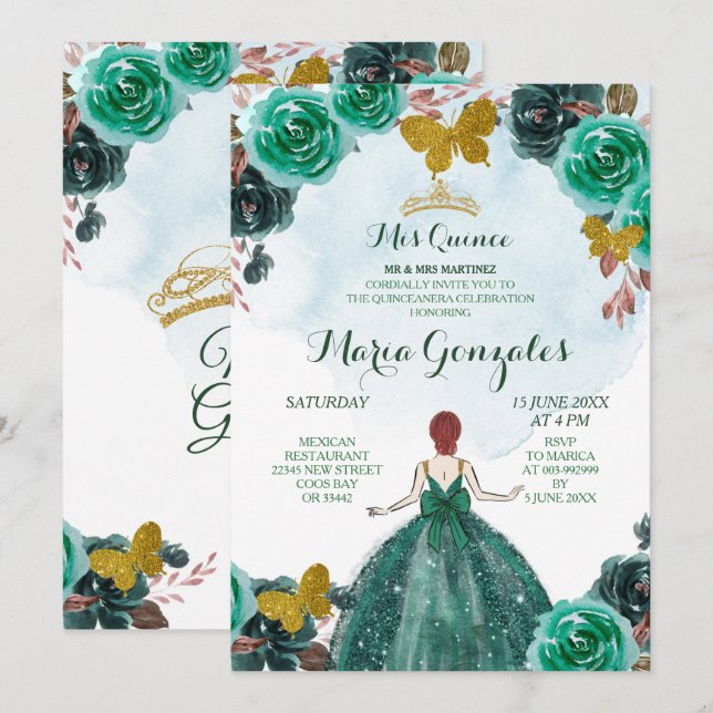 Emerald Green & Gold Butterfly Mis Quince 2 Invitation (Front/Back)