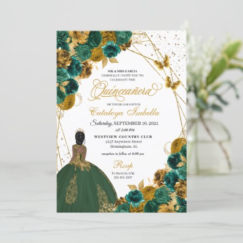 Emerald Green Gold Butterfly Princess Quinceanera Invitation