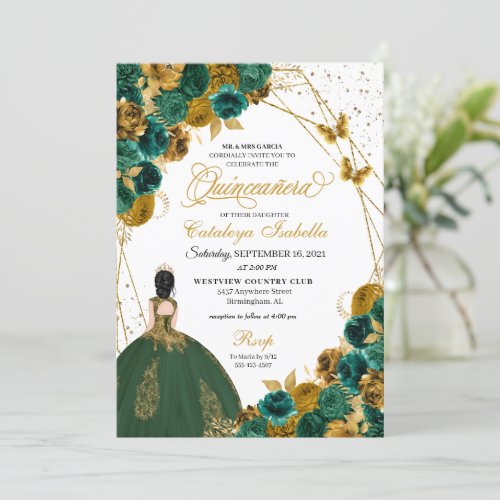Emerald Green Gold Butterfly Princess Quinceanera Invitation