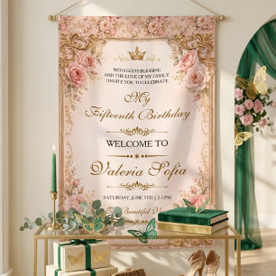 Emerald Green Gold Butterfly Quinceañera 15th Banner