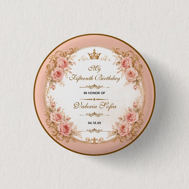 Emerald Green Gold Butterfly Quinceañera 15th  Button (Front)