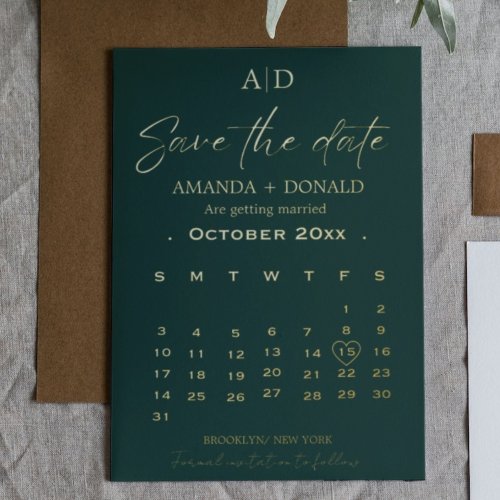Emerald green Gold Calendar Wedding Save the date Foil Invitation