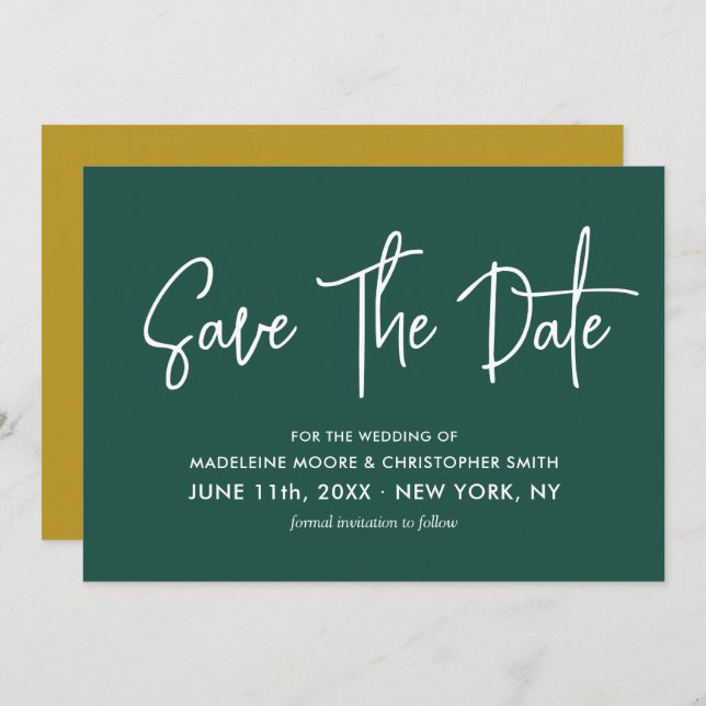 Emerald Green & Gold Calligraphy Scan QR Code Save The Date (Front/Back)