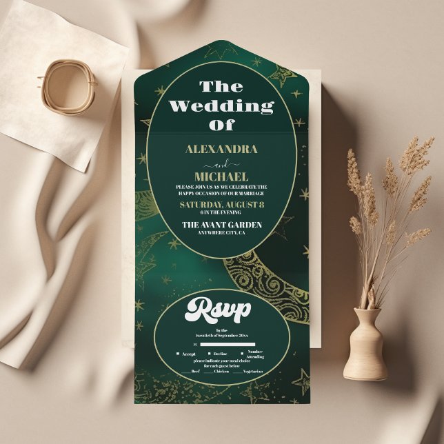 Emerald Green Gold Celestial  Wedding All In One Invitation (Creator Uploaded)