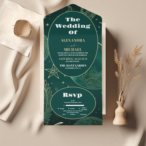 Emerald Green Gold Celestial  Wedding All In One Invitation