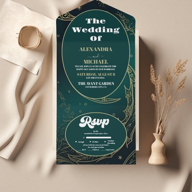 Emerald Green Gold Celestial  Wedding All In One Invitation (Creator Uploaded)