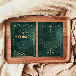 Emerald Green Gold Celestial Wedding Reception Invitation