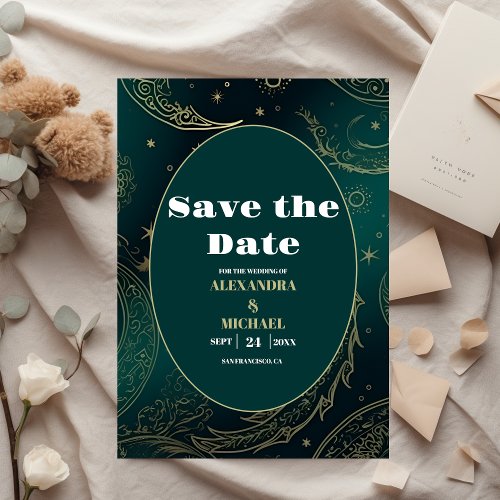 Emerald Green Gold Celestial  Wedding Save The Date