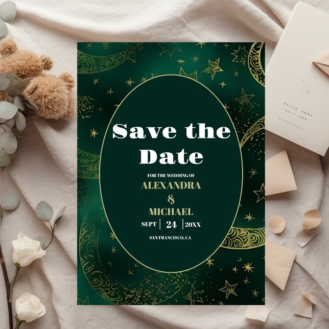 Emerald Green Gold Celestial  Wedding Save The Date (Creator Uploaded)