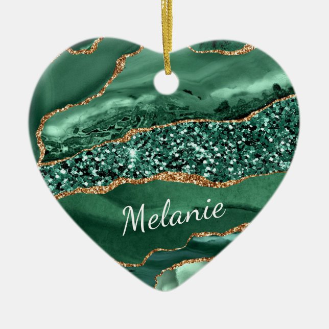 Emerald Green Gold Christmas Ornament Custom Name (Front)