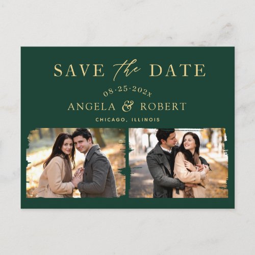 Emerald Green Gold Classy 2 Photo Save the Date Postcard
