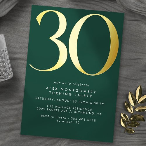 Emerald Green  Gold  Contemporary 30th Birthday Foil Invitation