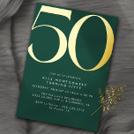 Emerald Green   Gold | Cool Modern 50th Birthday Foil Invitation<br><div class="desc">Modern 50th birthday invitations with a large heading "50" in real metallic foil. Your event details are printed below in matte white font. Gold foil on an emerald green background.</div>