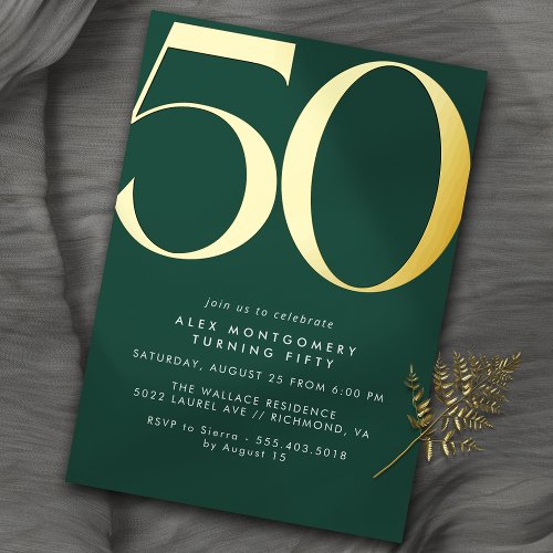 Emerald Green  Gold  Cool Modern 50th Birthday Foil Invitation