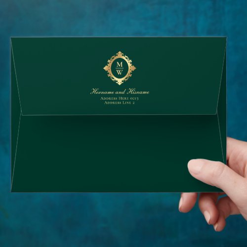 Emerald Green Gold Crest Custom Monogram Address Envelope