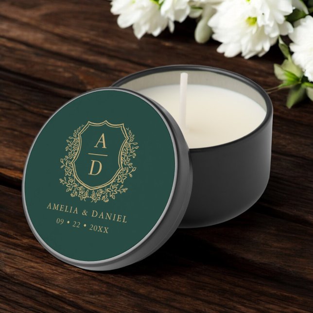 Emerald Green Gold Crest Modern Monogram Wedding  Mini Candle Favors (Creator Uploaded)